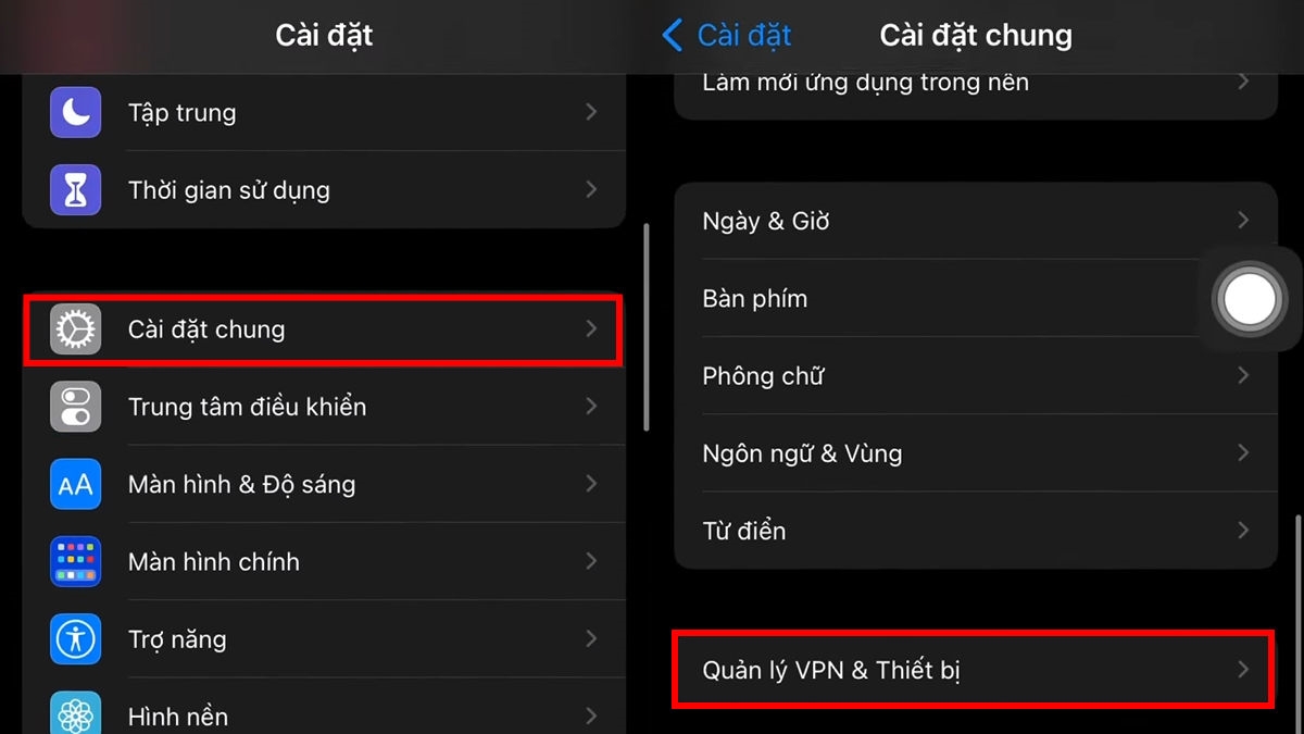 Bước 2: Cài đặt chung => Quản lý VPN & Thiết bị.